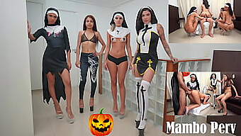 Chàng Đen Và Cô Gái Quỷ Trong Nghi Lễ Tình Dục Halloween Với Các Nữ Tu Biến Thái